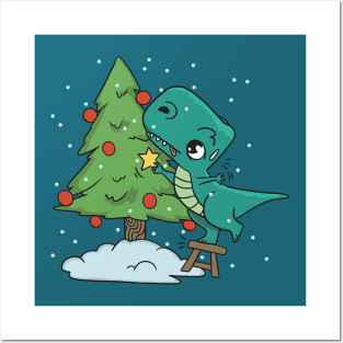 Sweaty T-Rex Decorating a Christmas Tree Posters and Art